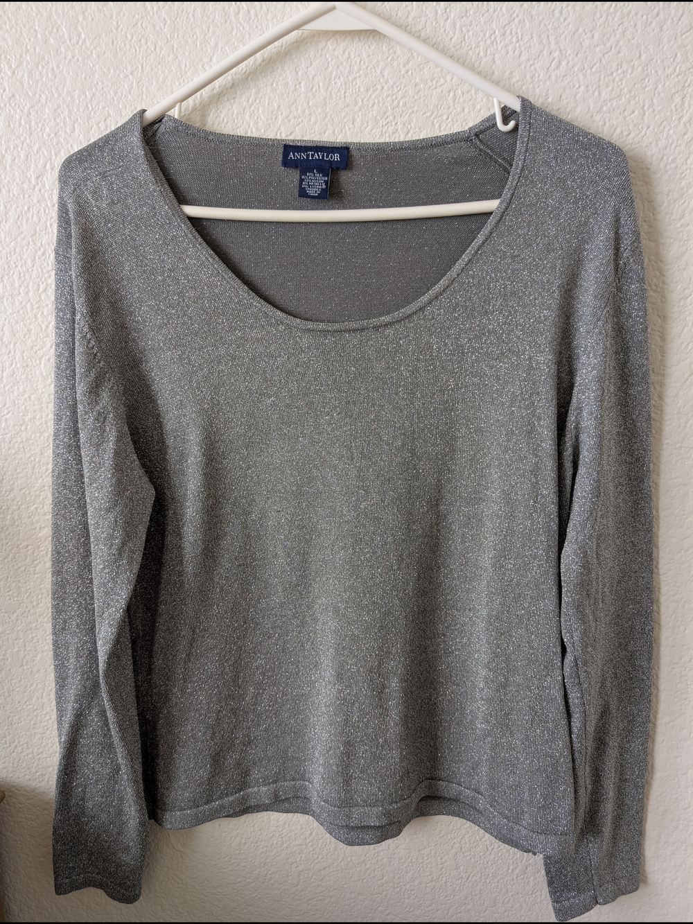Ann Taylor Silver Scoop Neck Long-Sleeve Sweater